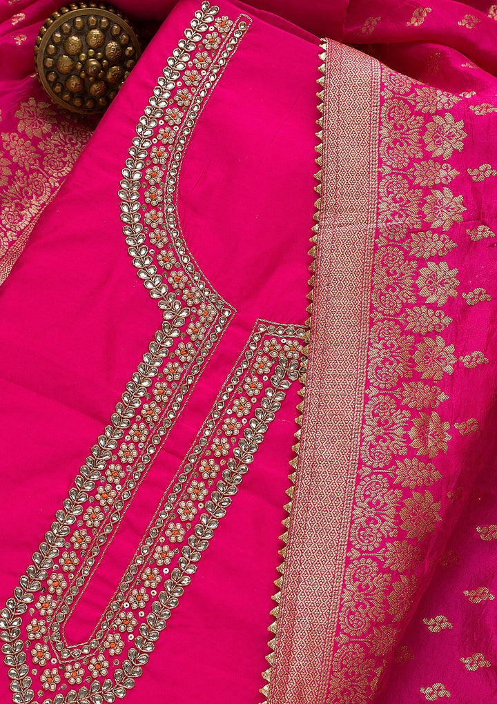 Rani Pink Pearlwork Silk Unstitched Salwar Suit-Koskii