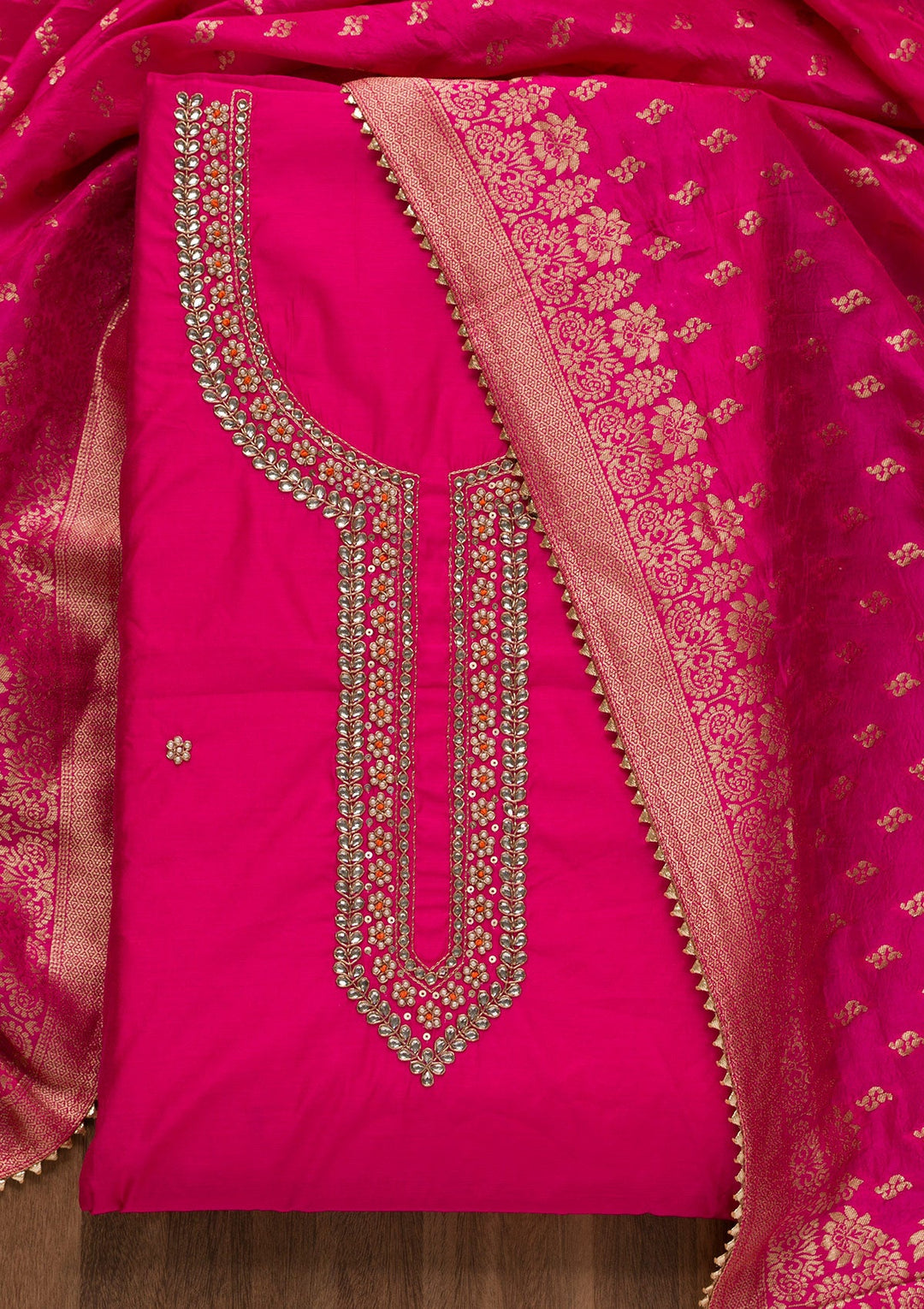 Rani Pink Pearlwork Silk Unstitched Salwar Suit-Koskii