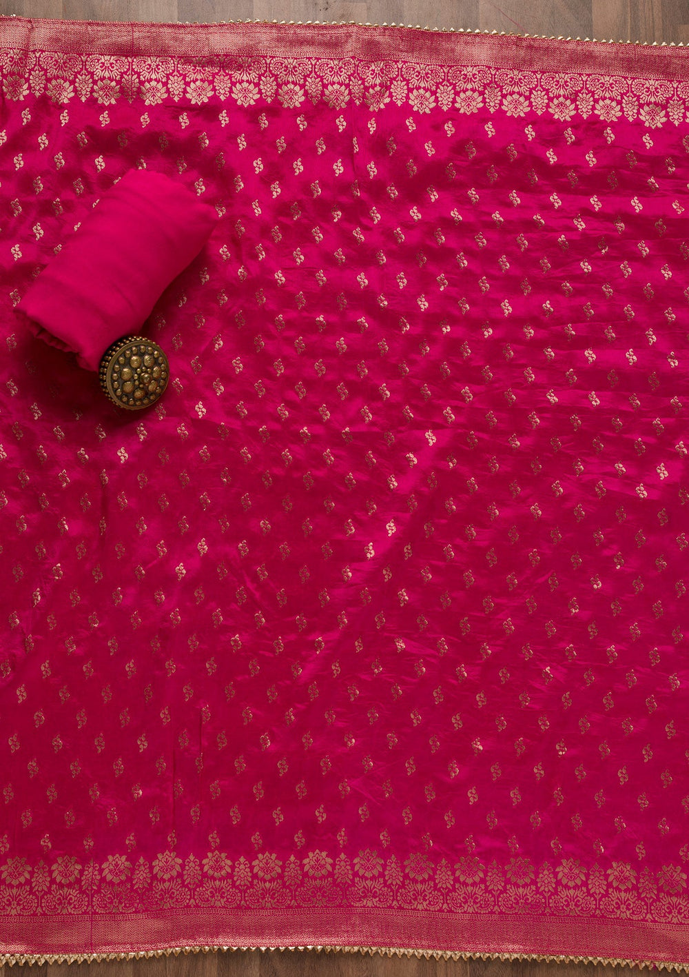 Rani Pink Pearlwork Silk Unstitched Salwar Suit-Koskii