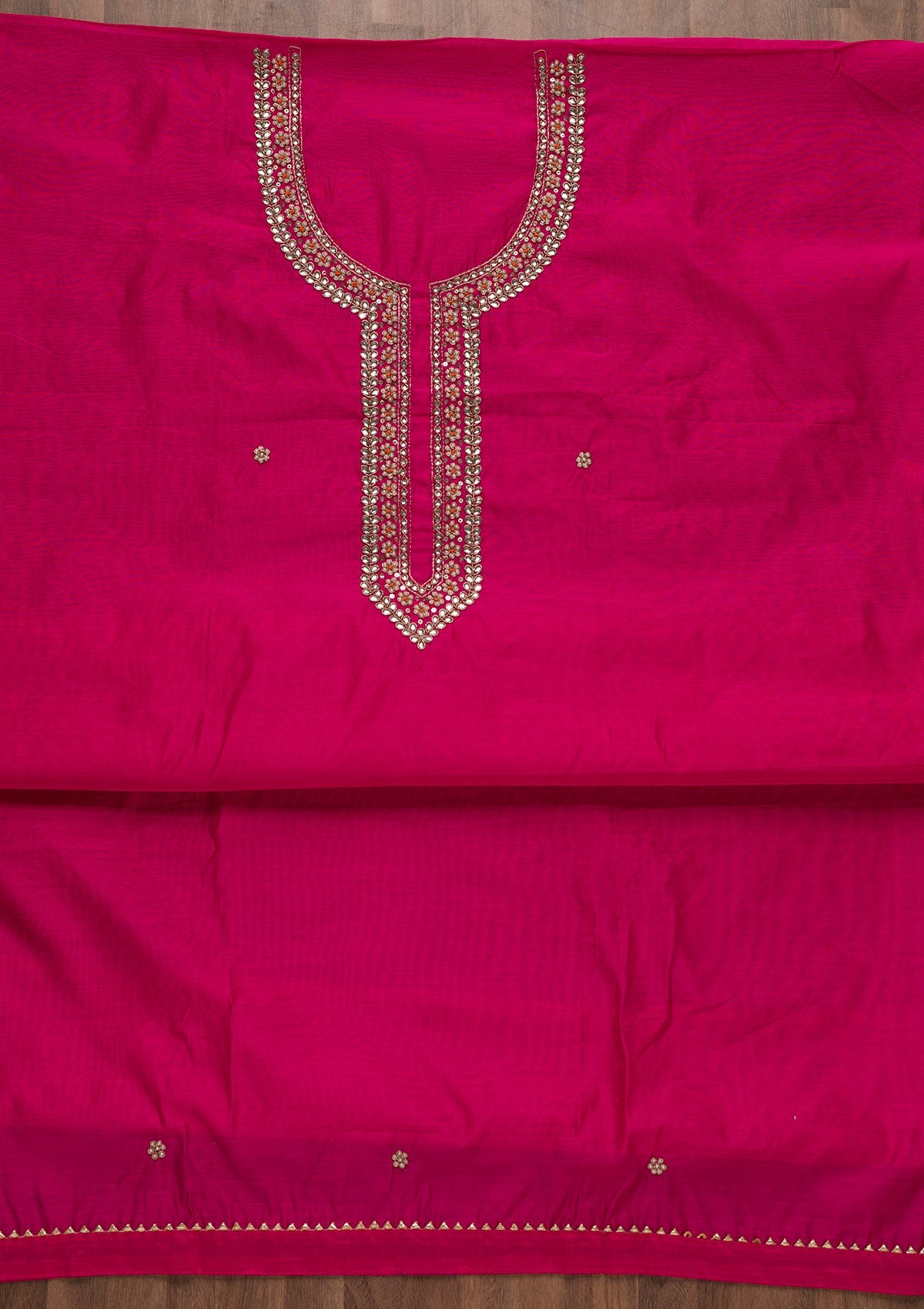 Rani Pink Pearlwork Silk Unstitched Salwar Suit-Koskii