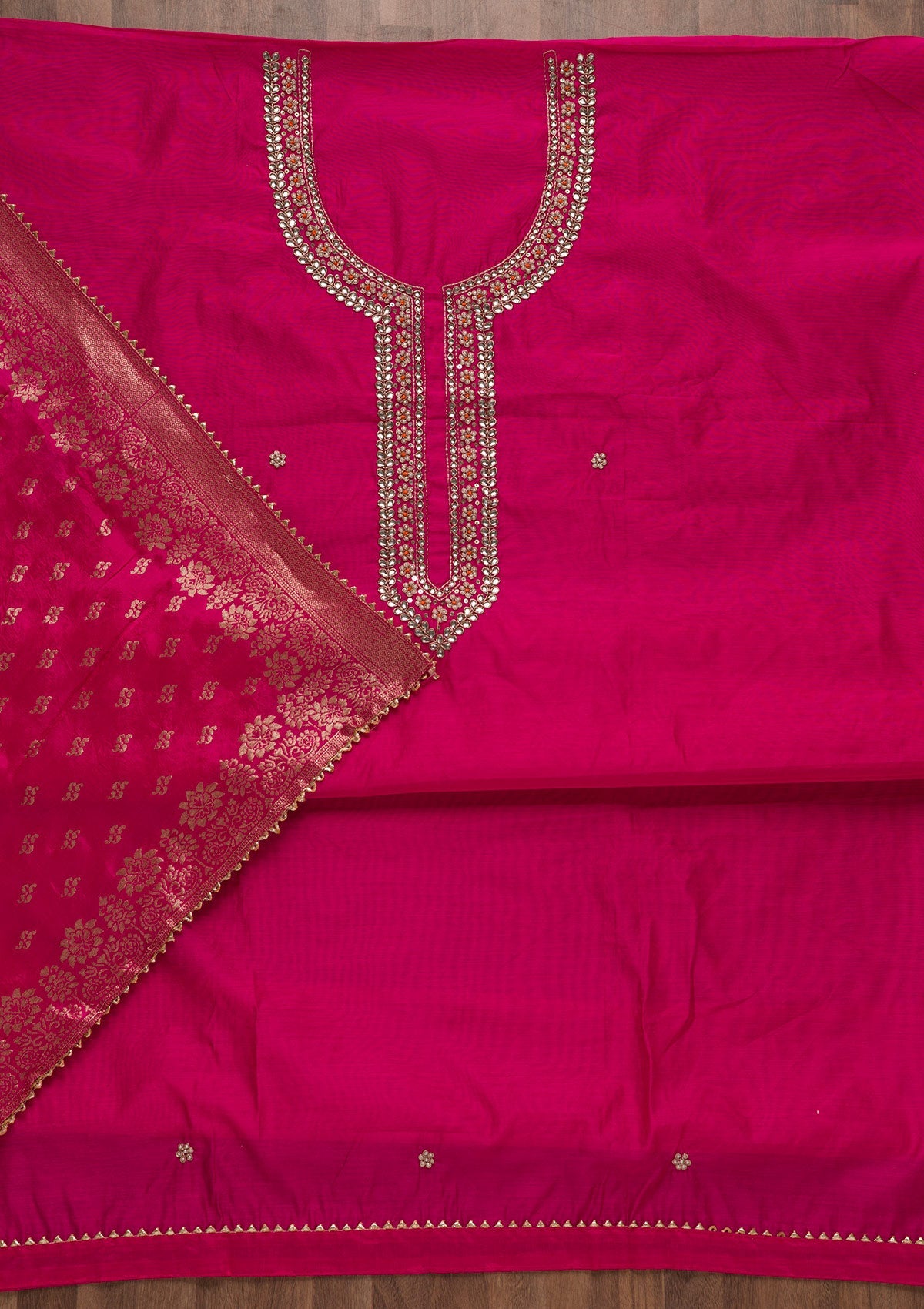 Rani Pink Pearlwork Silk Unstitched Salwar Suit-Koskii