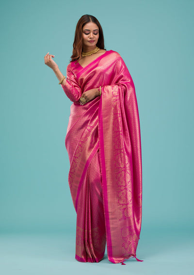 Rani Pink Plain Soft Silk Saree-Koskii