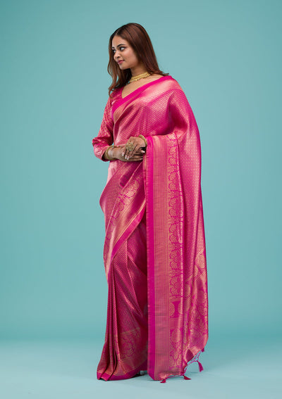 Rani Pink Plain Soft Silk Saree-Koskii