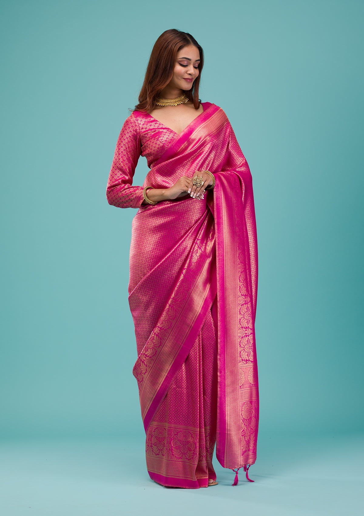 Rani Pink Plain Soft Silk Saree-Koskii