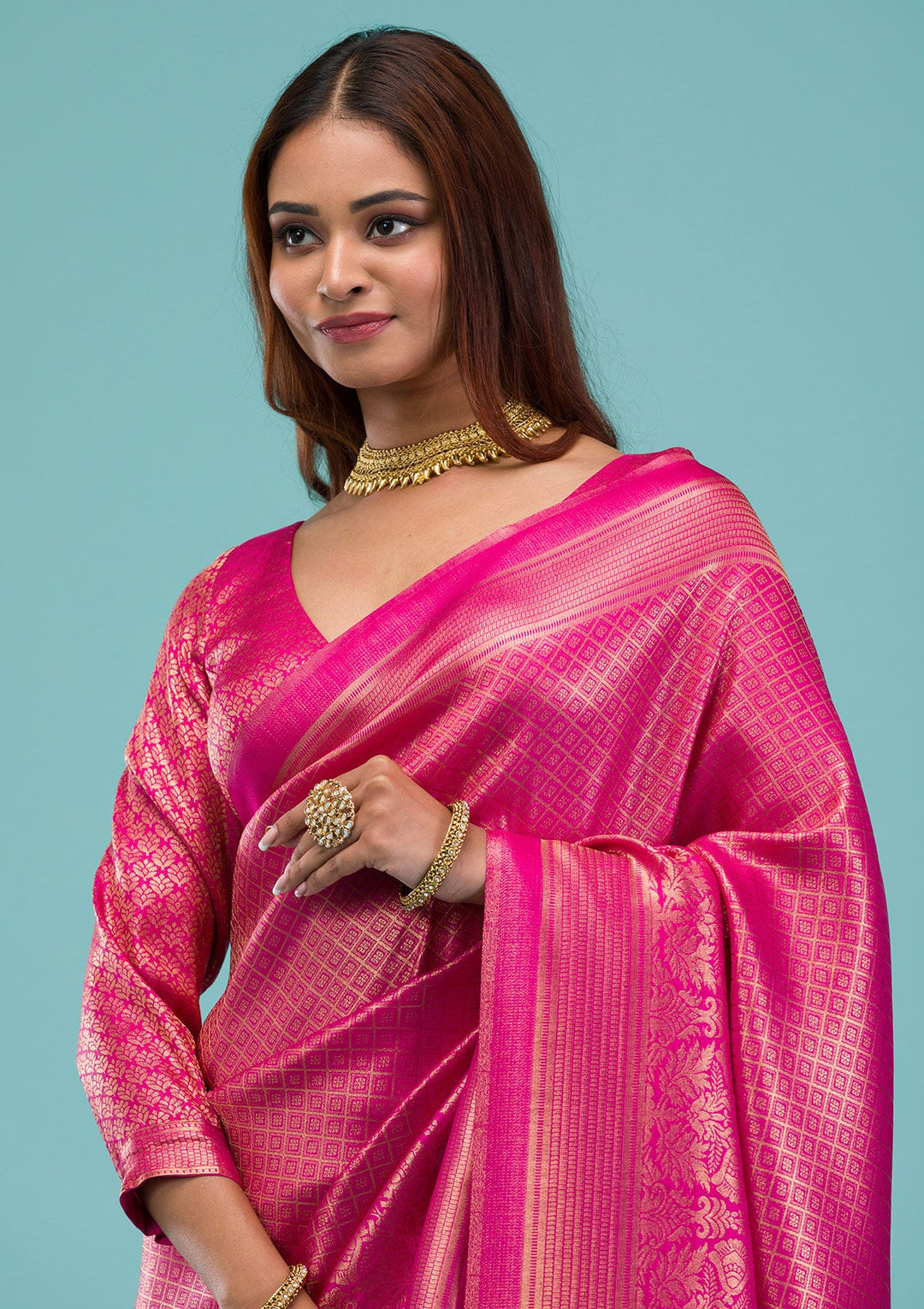Rani Pink Plain Soft Silk Saree-Koskii