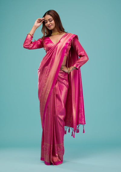 Rani Pink Plain Soft Silk Saree-Koskii