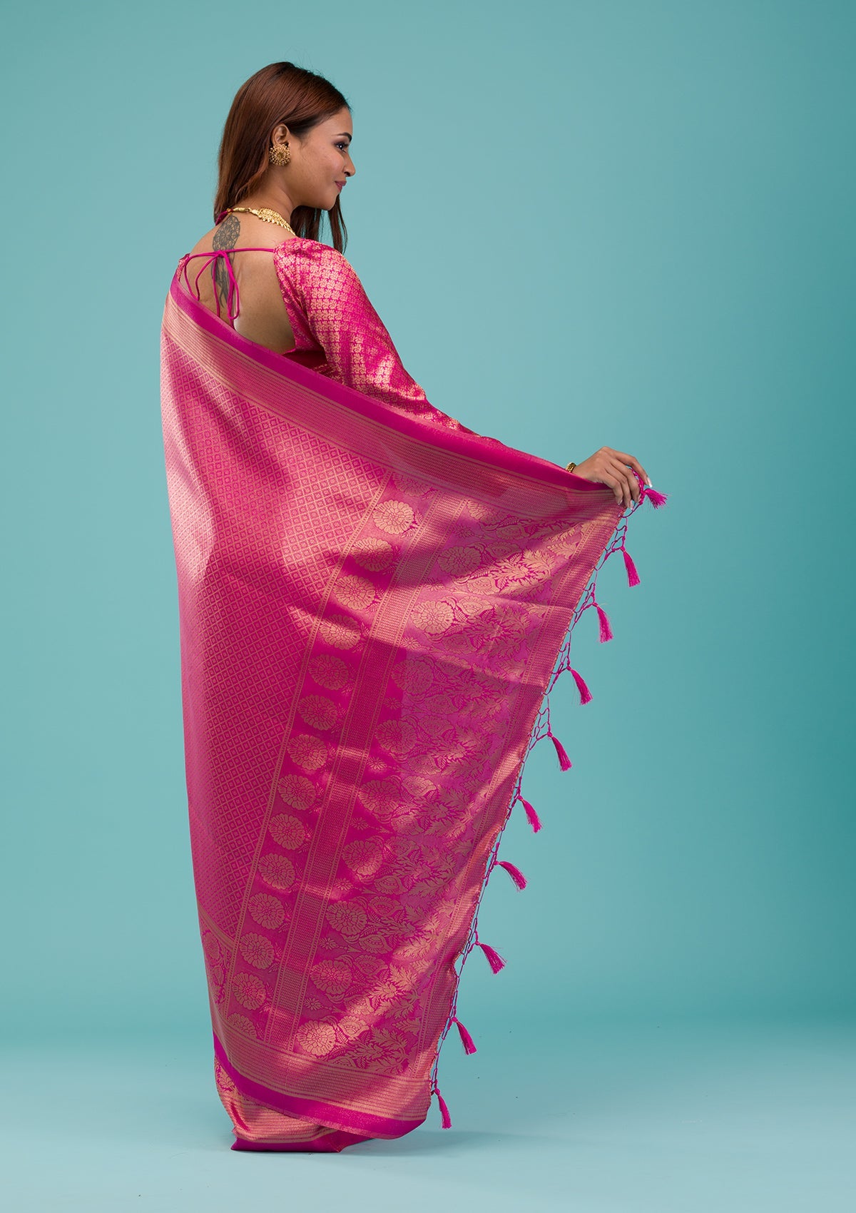 Rani Pink Plain Soft Silk Saree-Koskii