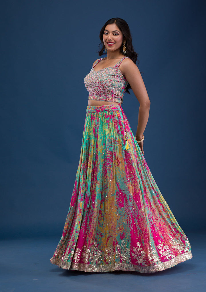 Rani Pink Print Georgette Readymade Lehenga-Koskii
