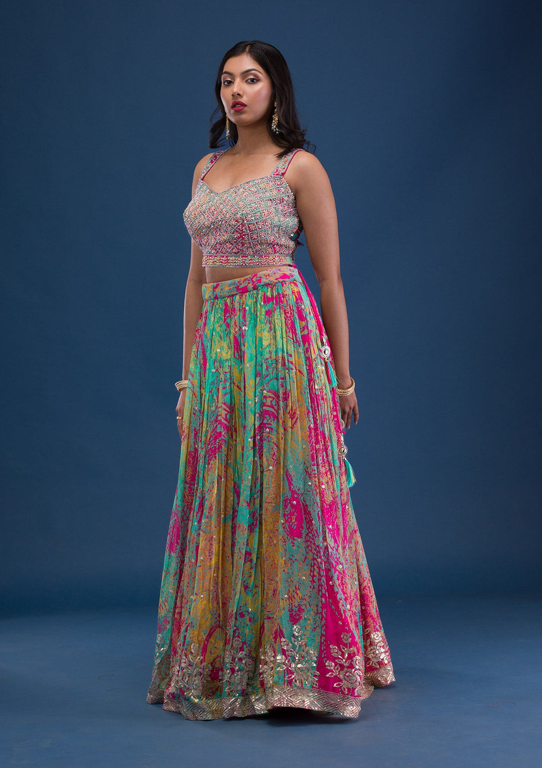 Rani Pink Print Georgette Readymade Lehenga-Koskii