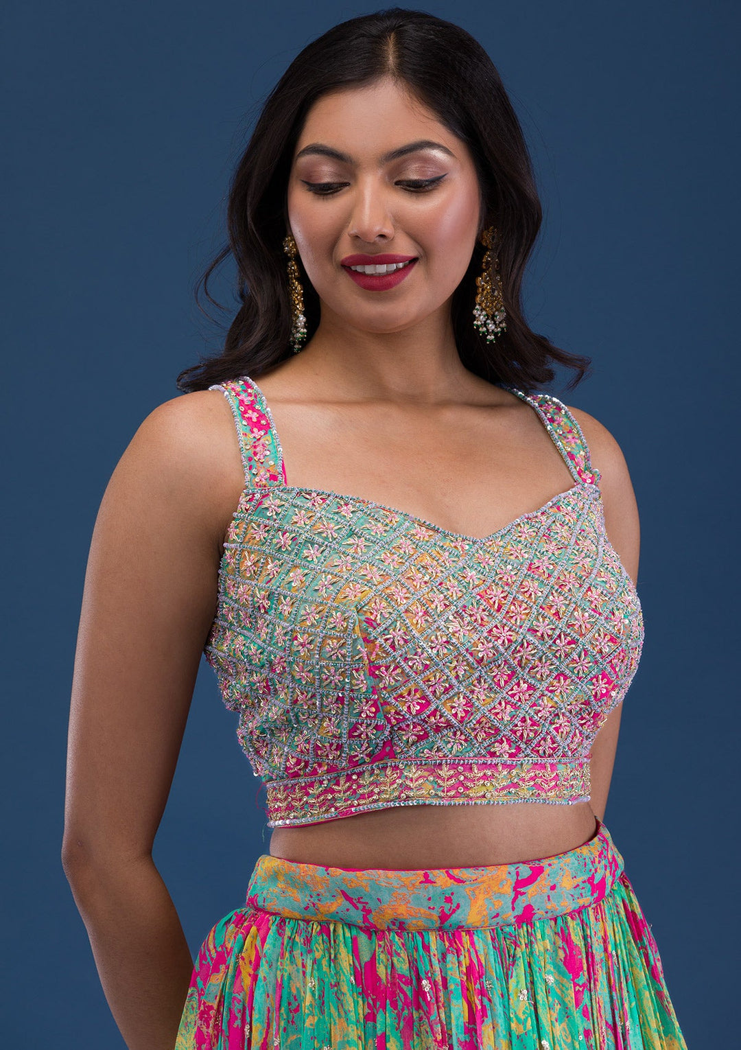 Rani Pink Print Georgette Readymade Lehenga-Koskii