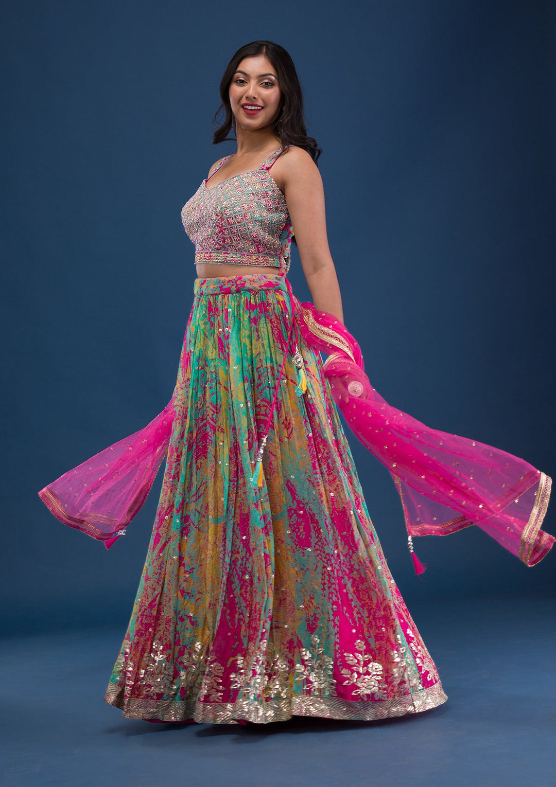 Rani Pink Print Georgette Readymade Lehenga-Koskii