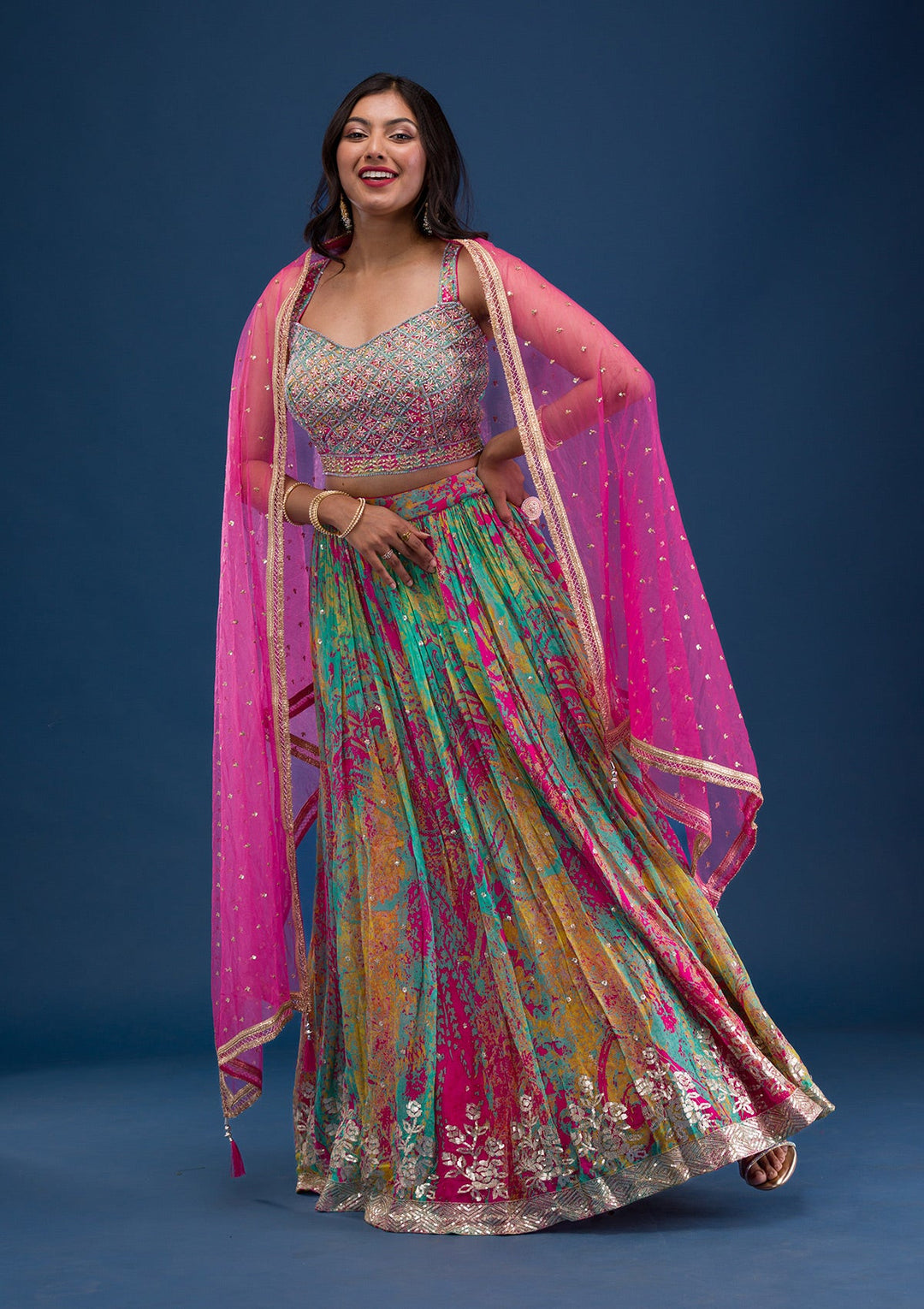 Rani Pink Print Georgette Readymade Lehenga-Koskii