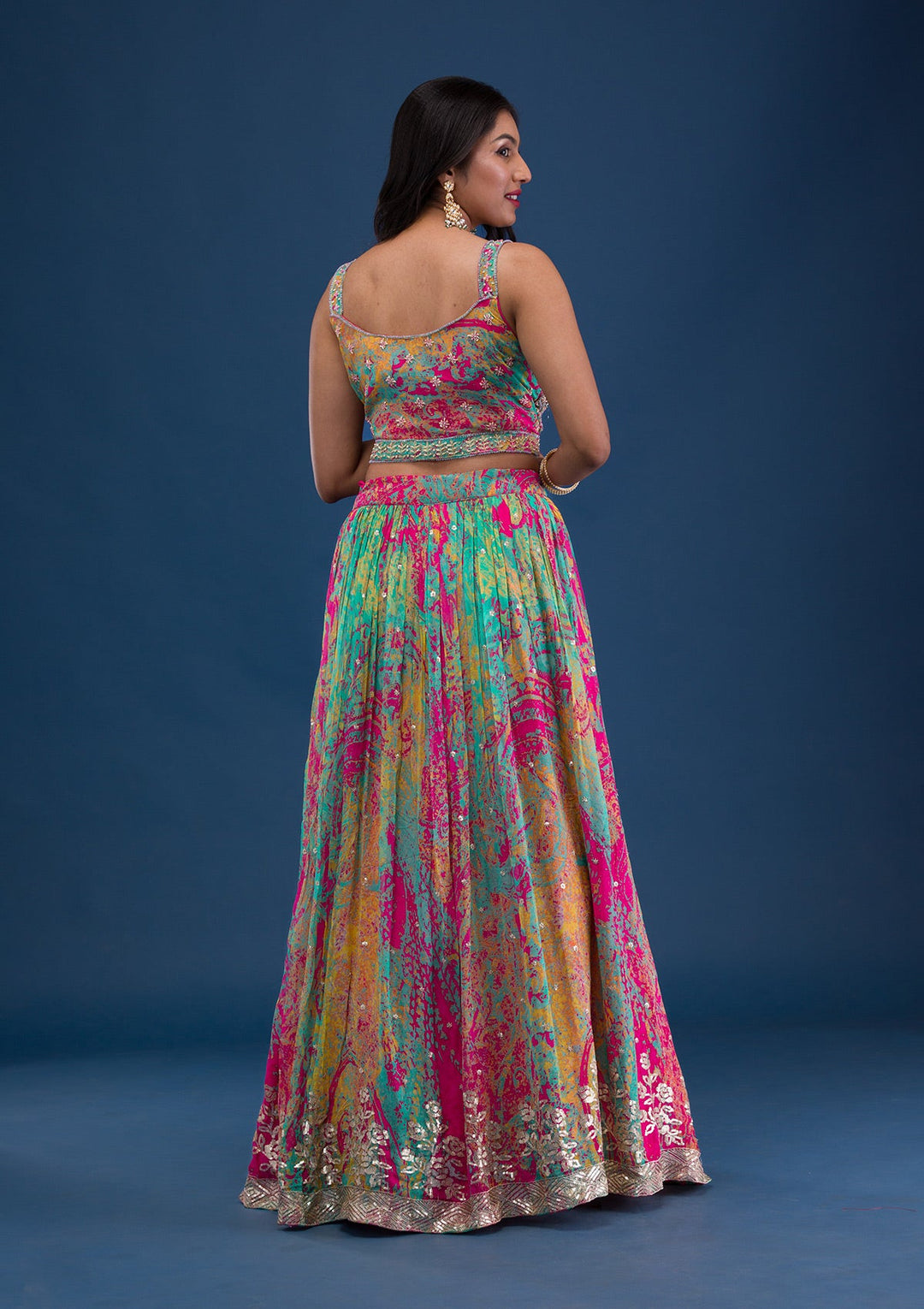 Rani Pink Print Georgette Readymade Lehenga-Koskii