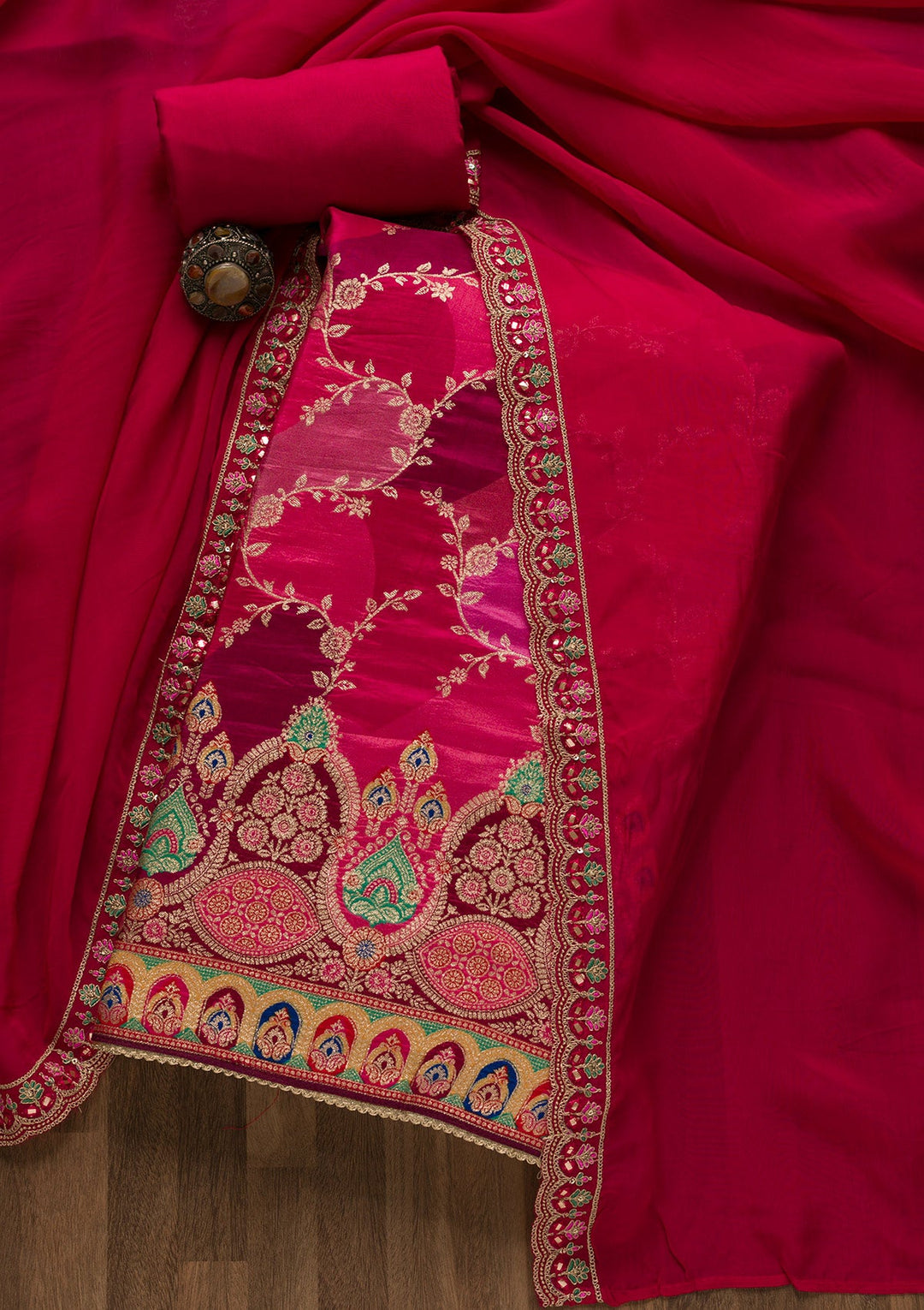 Rani Pink Printed Banarasi Unstitched Salwar Suit-Koskii