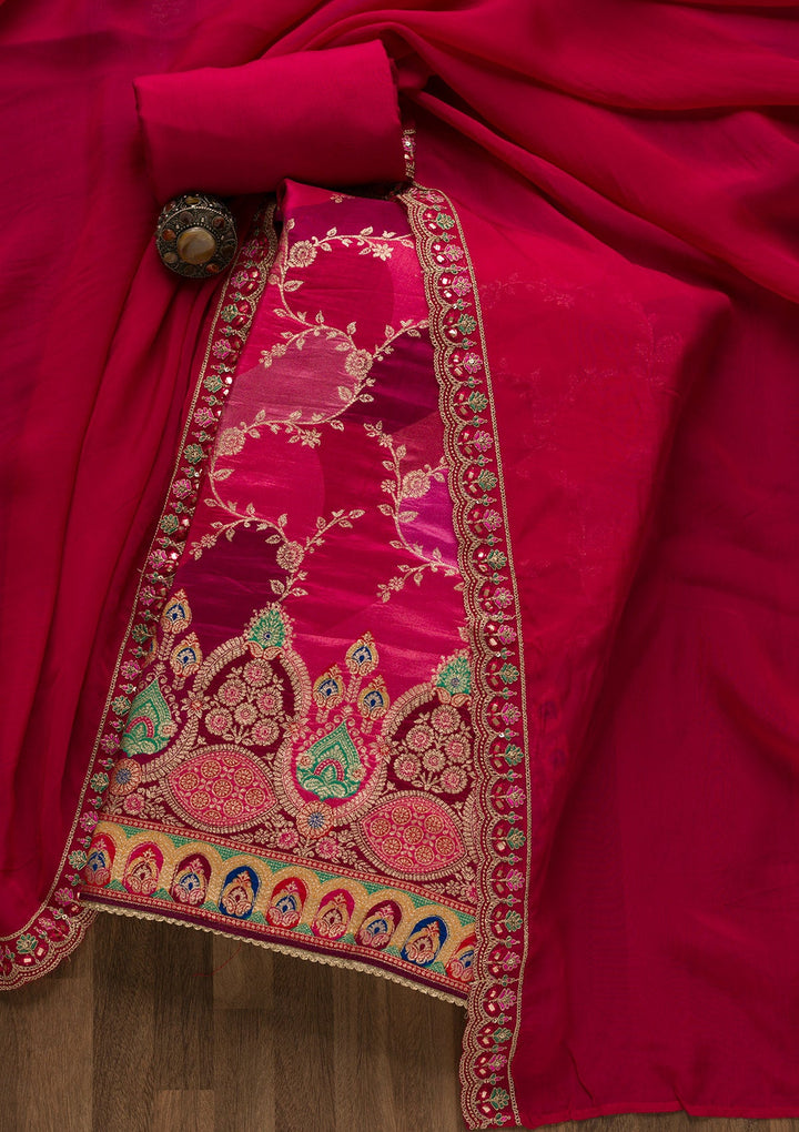 Rani Pink Printed Banarasi Unstitched Salwar Suit-Koskii