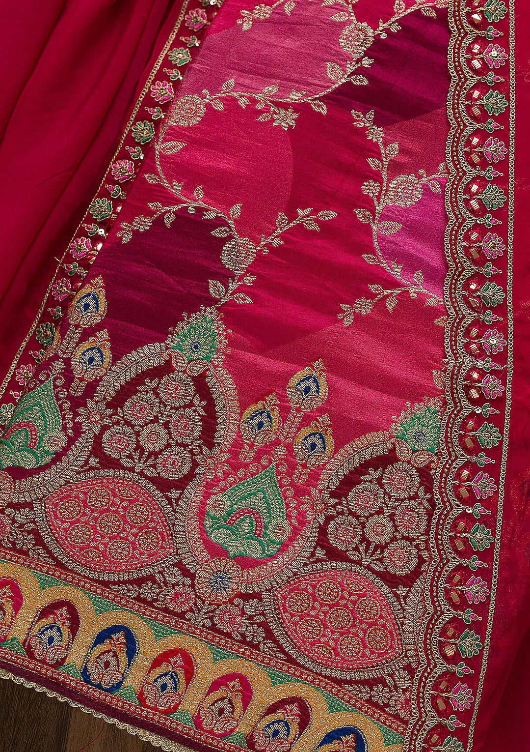 Rani Pink Printed Banarasi Unstitched Salwar Suit-Koskii