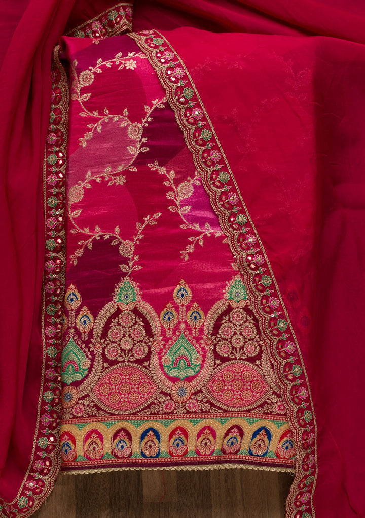 Rani Pink Printed Banarasi Unstitched Salwar Suit-Koskii