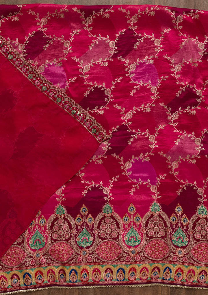 Rani Pink Printed Banarasi Unstitched Salwar Suit-Koskii