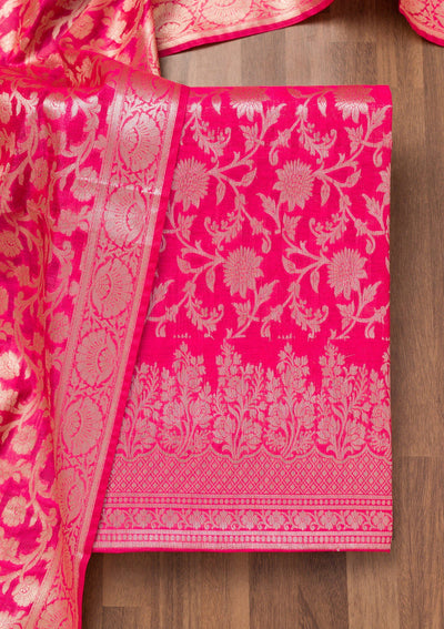 Rani Pink Printed Banarasi Unstitched Salwar Suit-Koskii