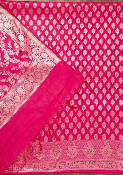 Rani Pink Printed Banarasi Unstitched Salwar Suit-Koskii