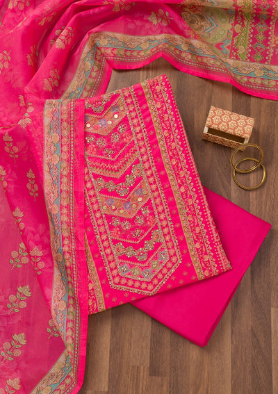 Rani Pink Printed Chanderi Unstitched Salwar Suit-Koskii