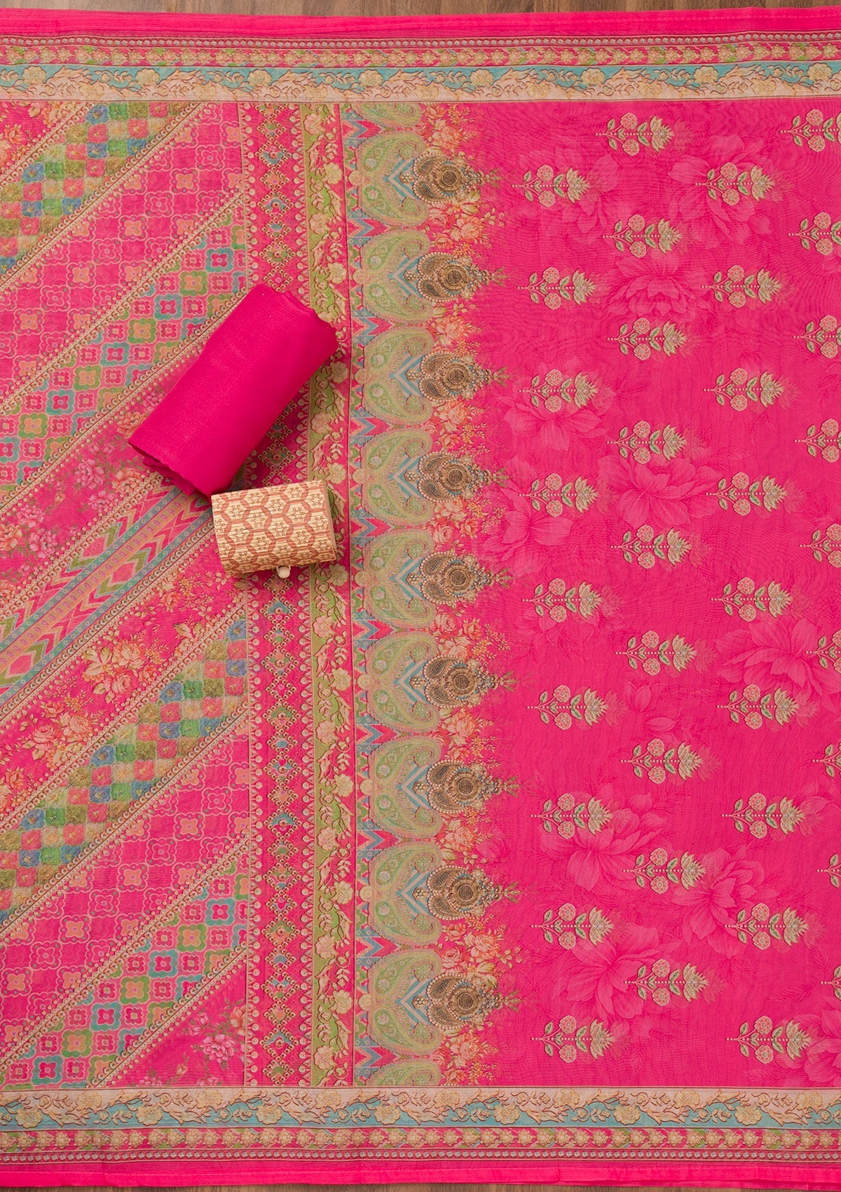 Rani Pink Printed Chanderi Unstitched Salwar Suit-Koskii