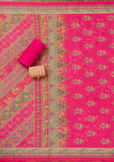 Rani Pink Printed Chanderi Unstitched Salwar Suit-Koskii