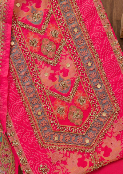 Rani Pink Printed Chanderi Unstitched Salwar Suit-Koskii