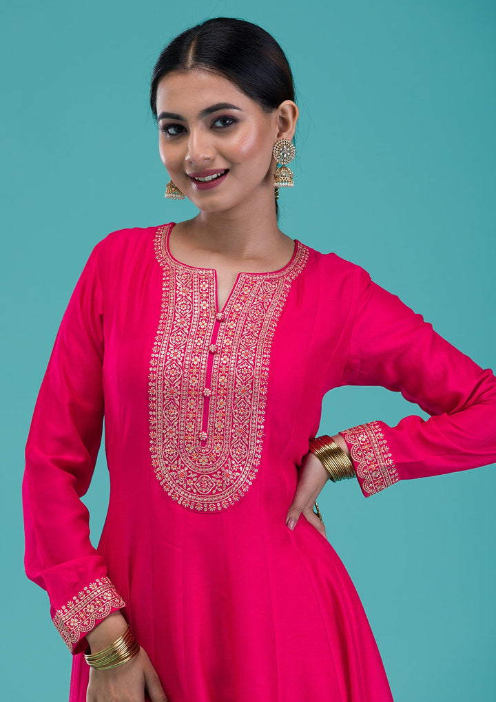 Rani Pink Printed Crepe Readymade Salwar Suit-Koskii
