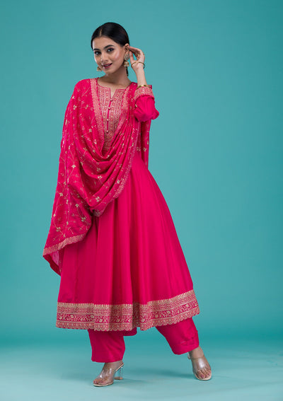 Rani Pink Printed Crepe Readymade Salwar Suit-Koskii