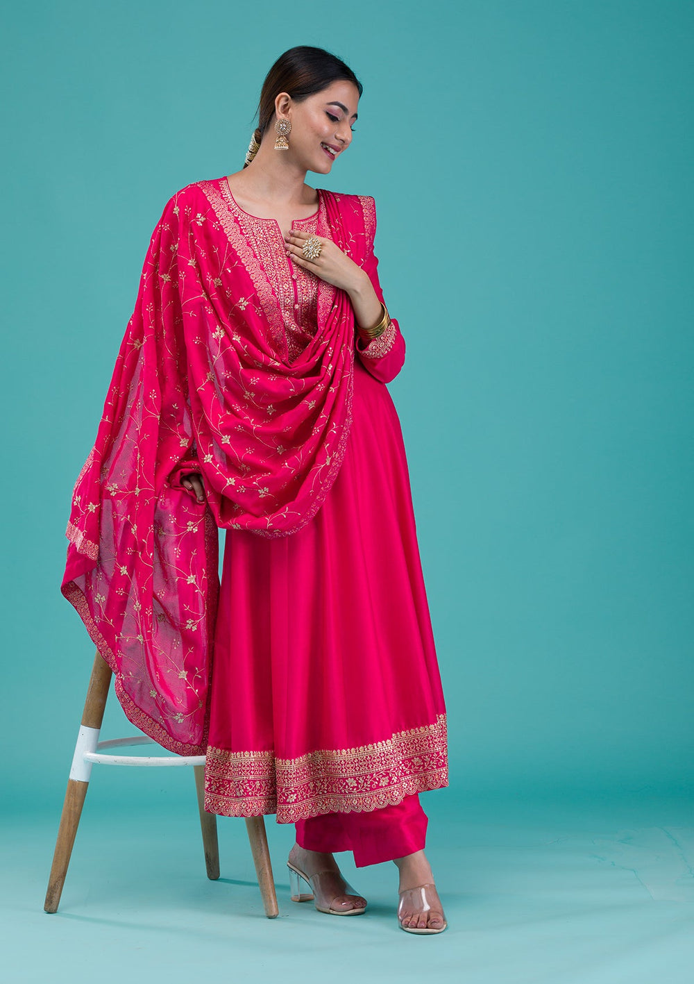 Rani Pink Printed Crepe Readymade Salwar Suit-Koskii