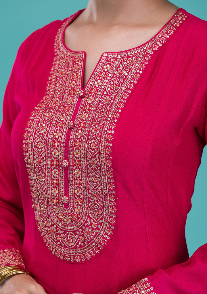 Rani Pink Printed Crepe Readymade Salwar Suit-Koskii
