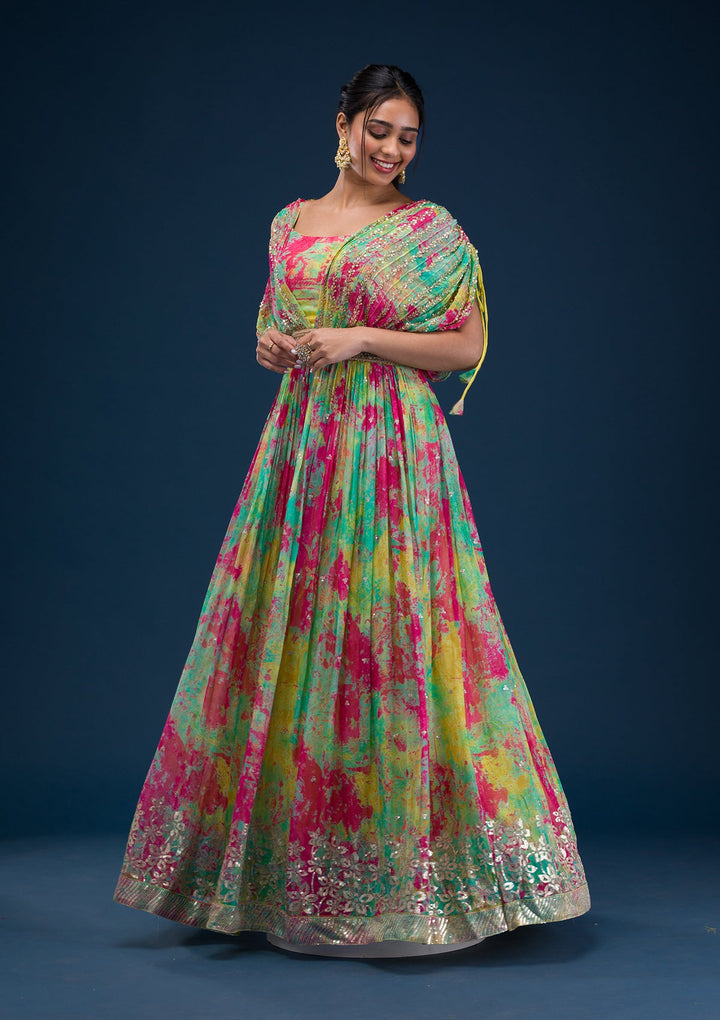 Rani Pink Printed Georgette Readymade Salwar Suit-Koskii