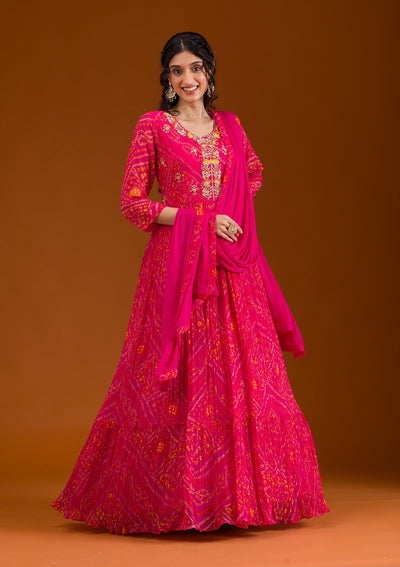 Rani Pink Printed Georgette Readymade Salwar Suit-Koskii