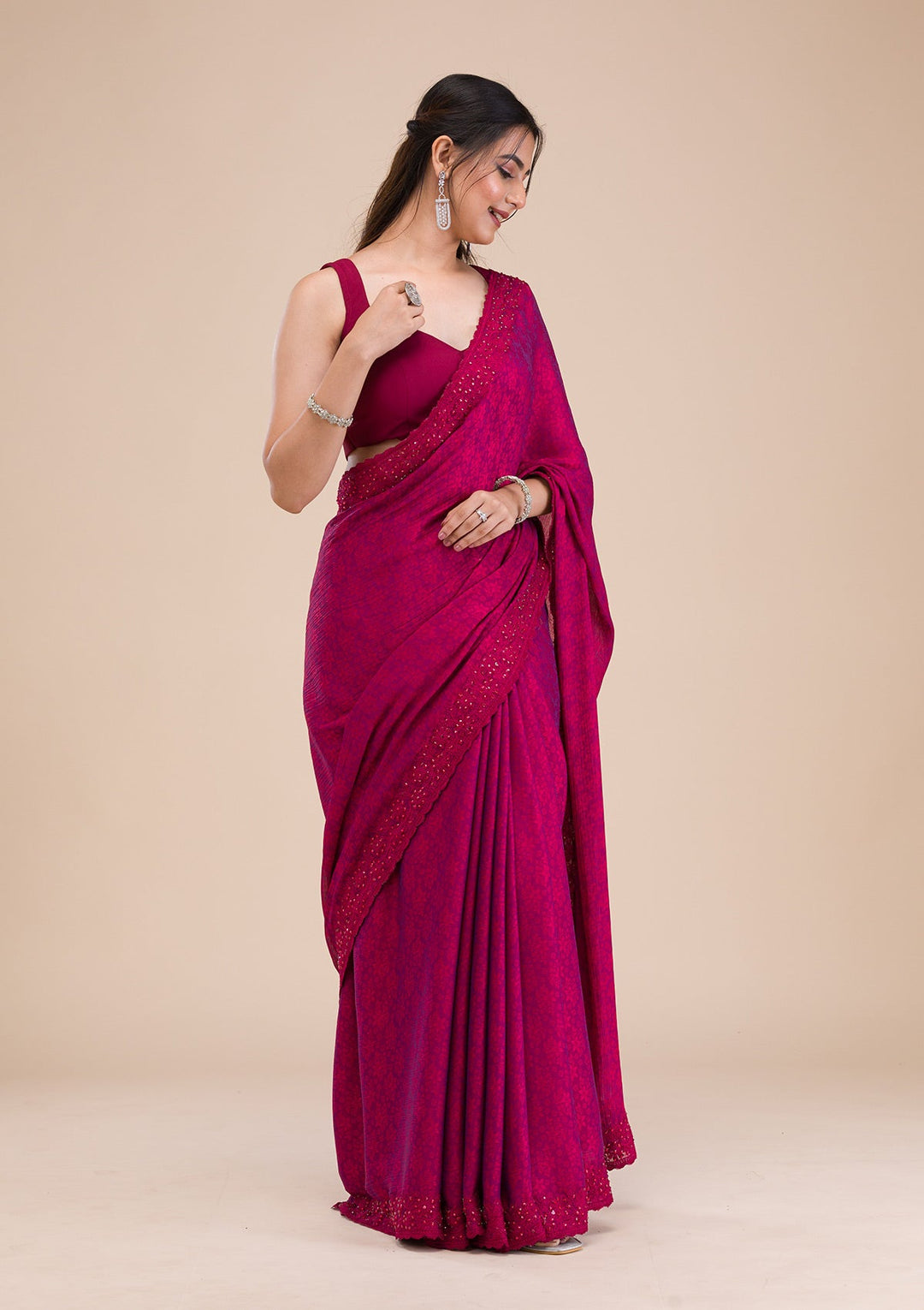 Rani Pink Printed Georgette Saree-Koskii
