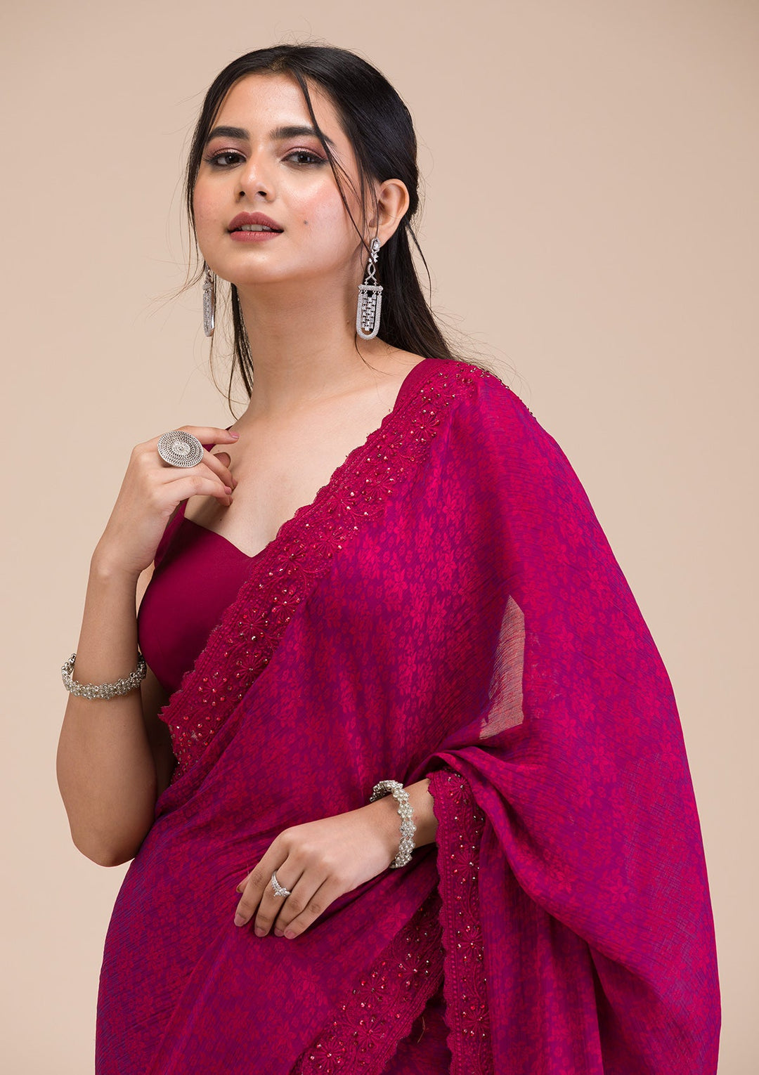 Rani Pink Printed Georgette Saree-Koskii
