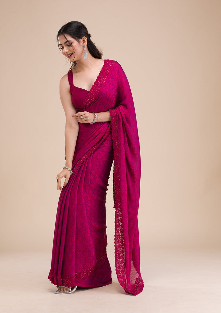 Rani Pink Printed Georgette Saree-Koskii