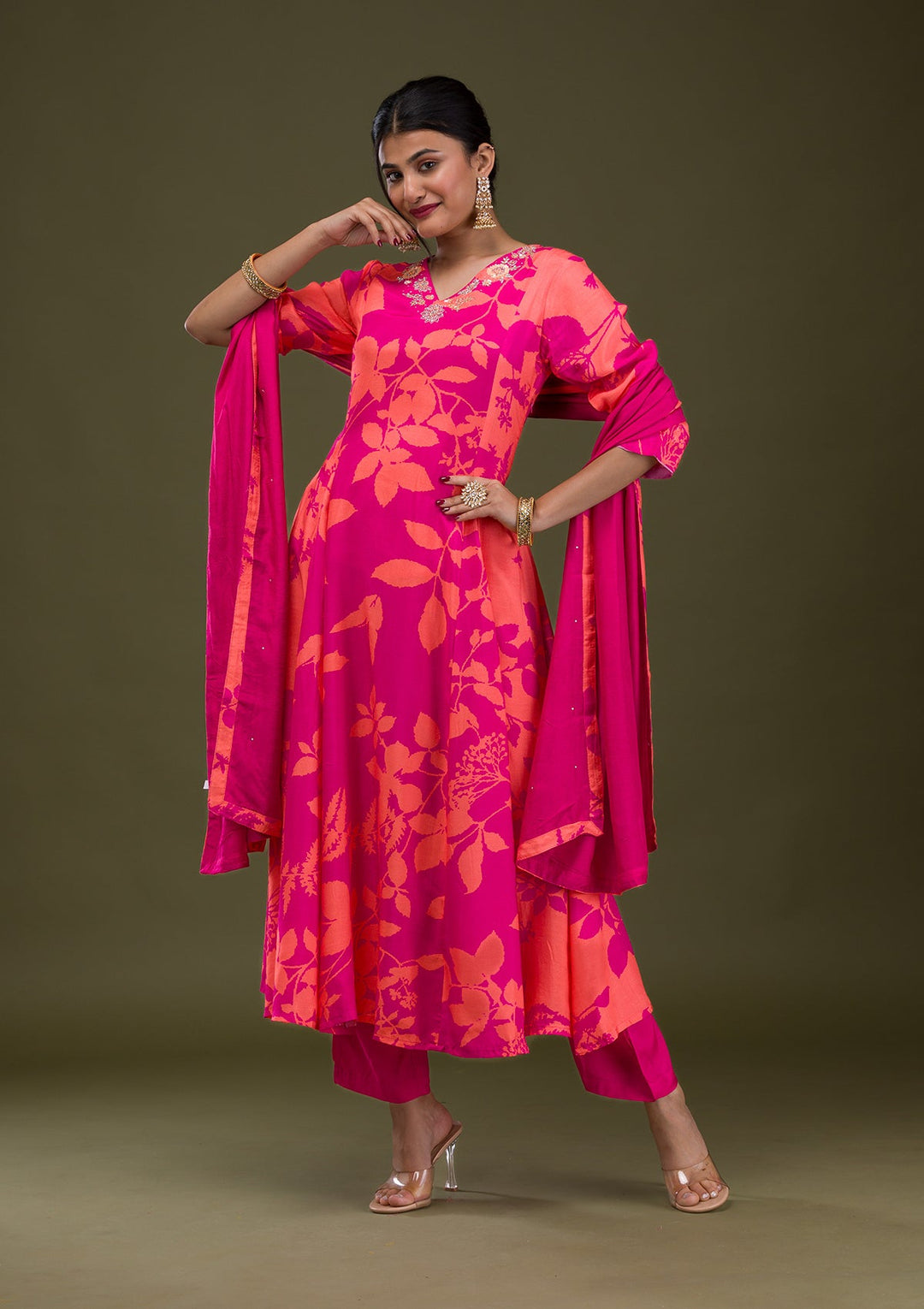 Rani Pink Printed Semi Crepe Readymade Salwar Suit-Koskii