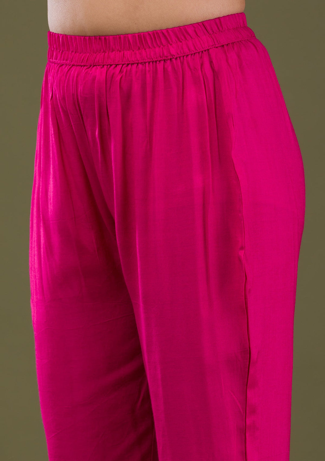 Rani Pink Printed Semi Crepe Readymade Salwar Suit-Koskii