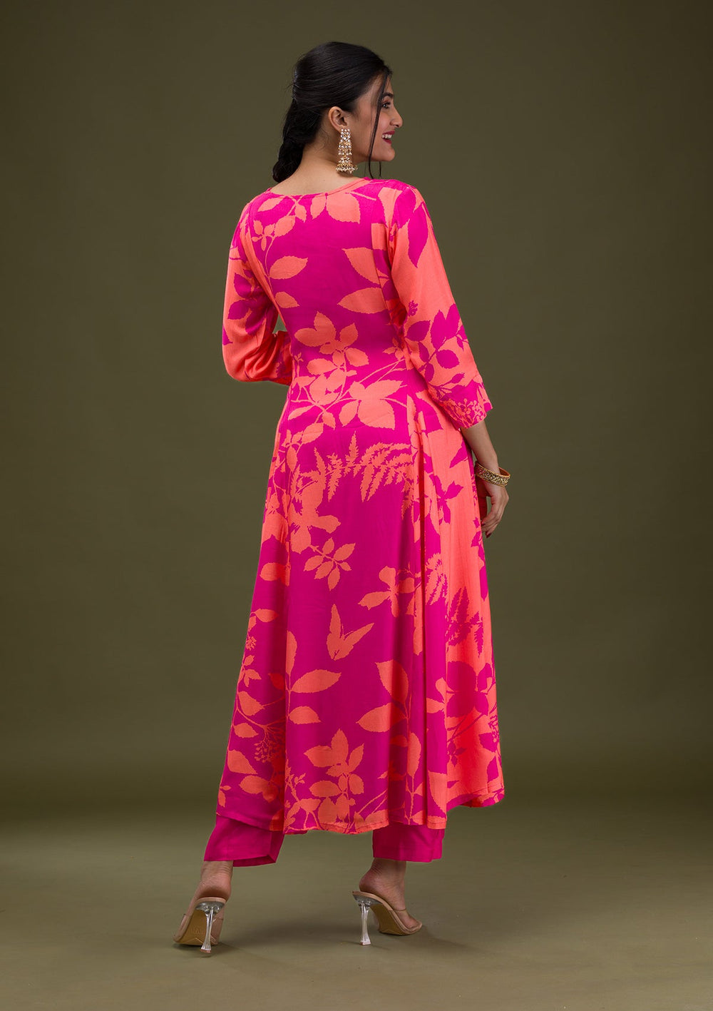 Rani Pink Printed Semi Crepe Readymade Salwar Suit-Koskii