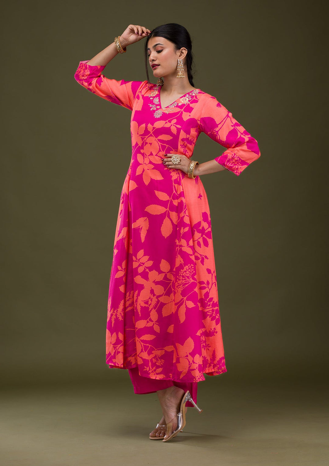 Rani Pink Printed Semi Crepe Readymade Salwar Suit-Koskii