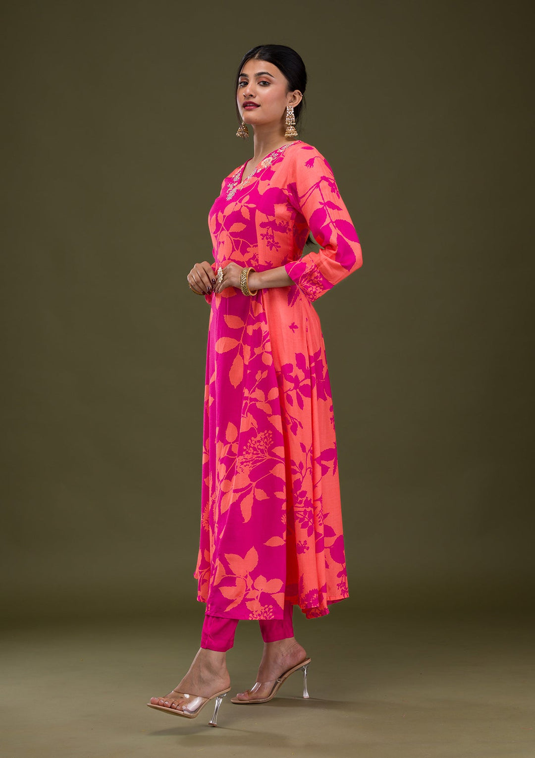 Rani Pink Printed Semi Crepe Readymade Salwar Suit-Koskii