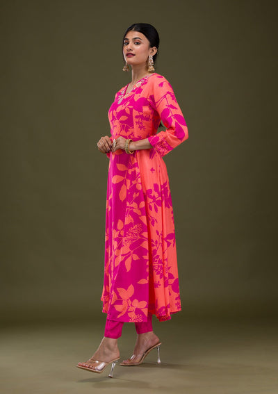 Rani Pink Printed Semi Crepe Readymade Salwar Suit-Koskii