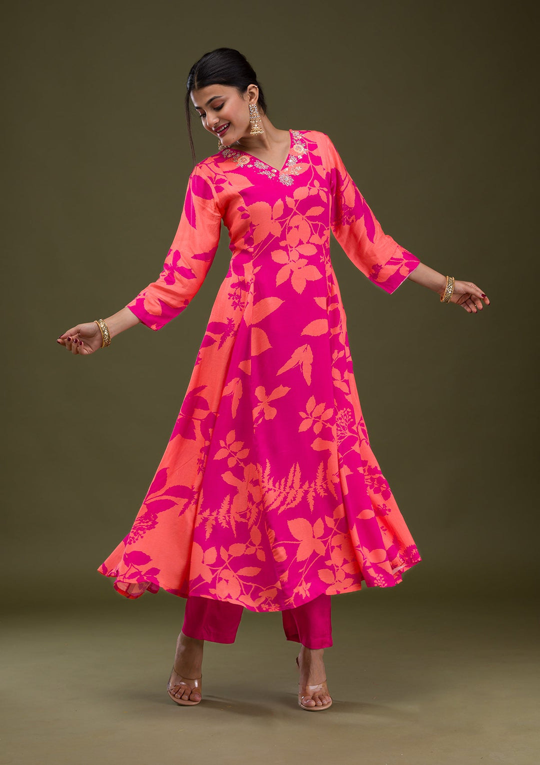 Rani Pink Printed Semi Crepe Readymade Salwar Suit-Koskii