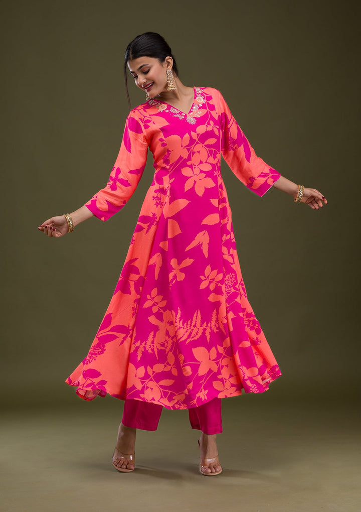Rani Pink Printed Semi Crepe Readymade Salwar Suit-Koskii