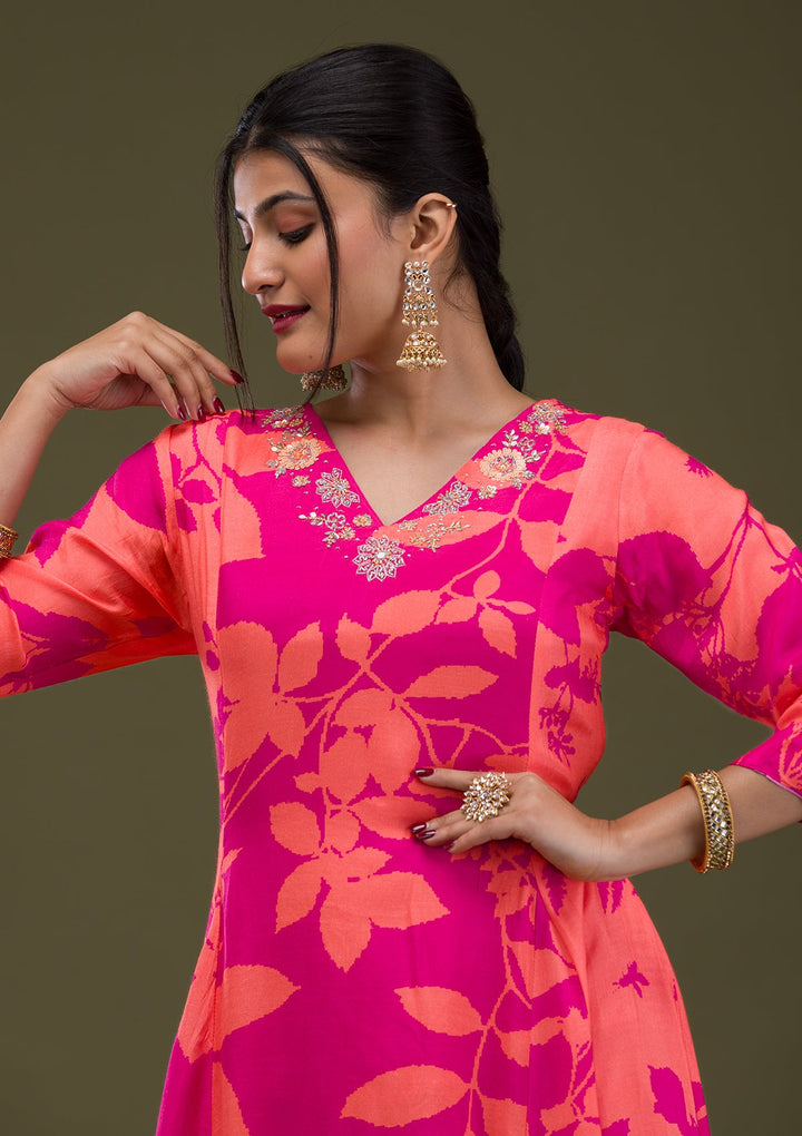 Rani Pink Printed Semi Crepe Readymade Salwar Suit-Koskii