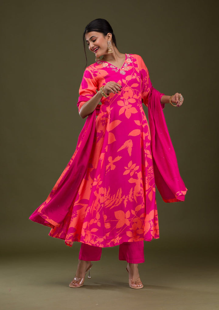 Rani Pink Printed Semi Crepe Readymade Salwar Suit-Koskii