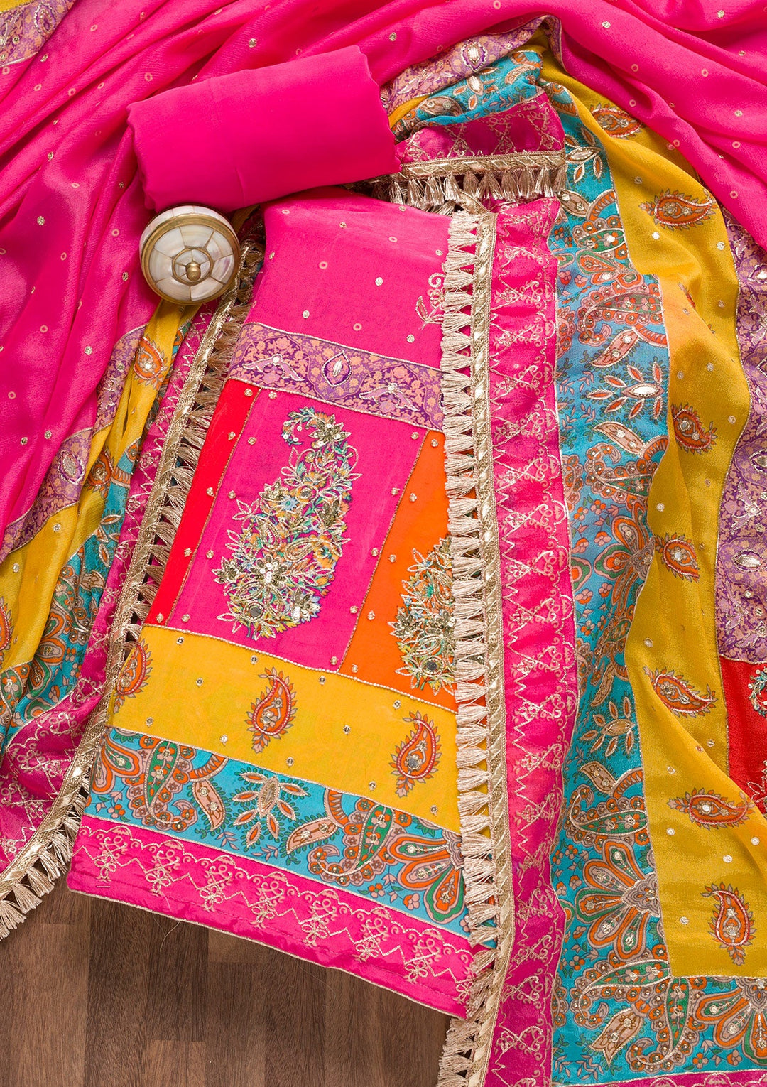 Rani Pink Printed Semi Crepe Unstitched Salwar Suit-Koskii