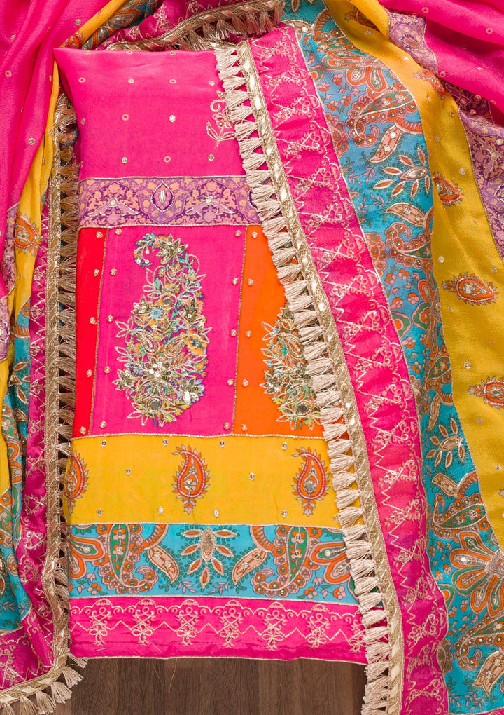 Rani Pink Printed Semi Crepe Unstitched Salwar Suit-Koskii