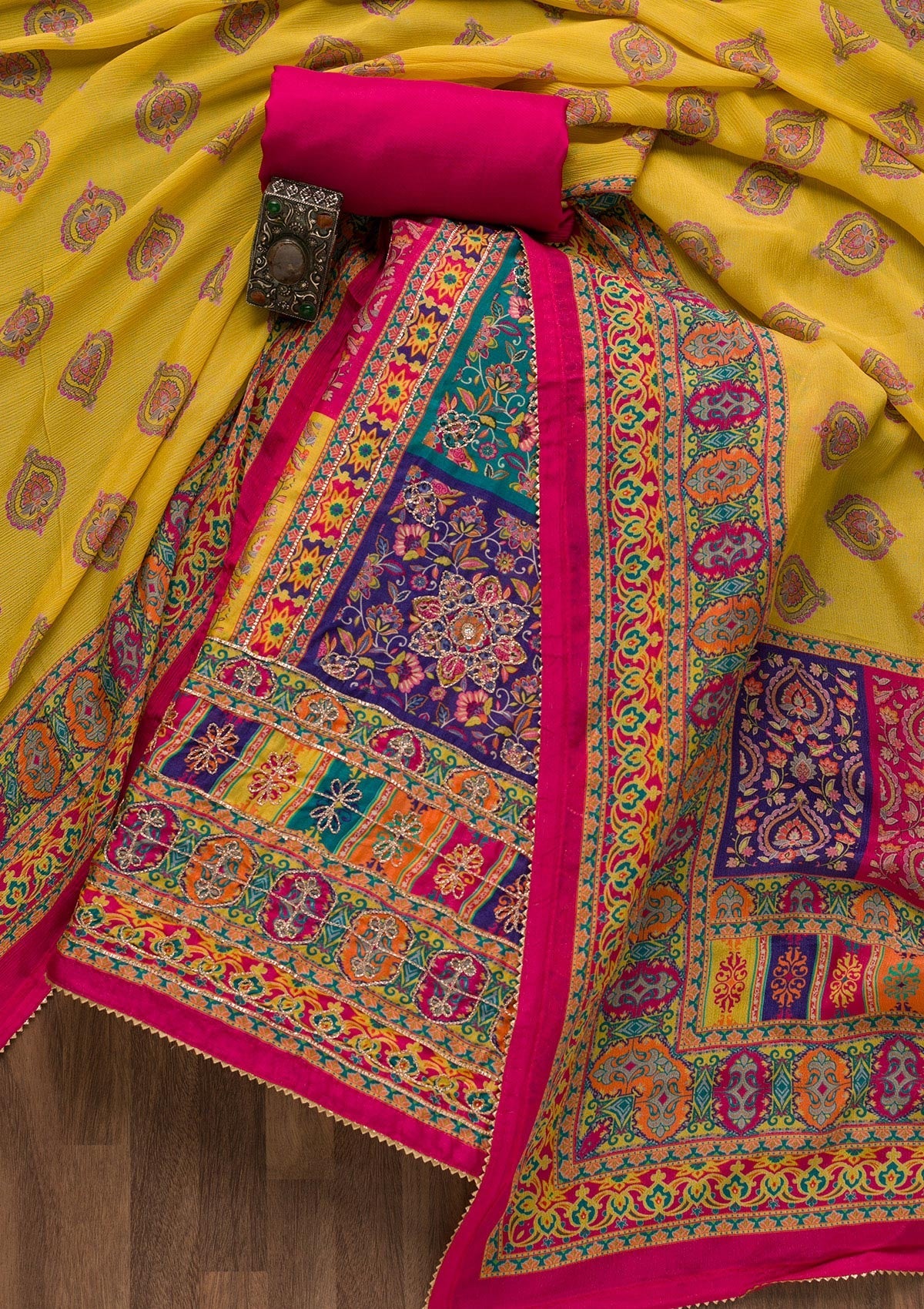 Rani Pink Printed Semi Crepe Unstitched Salwar Suit-Koskii